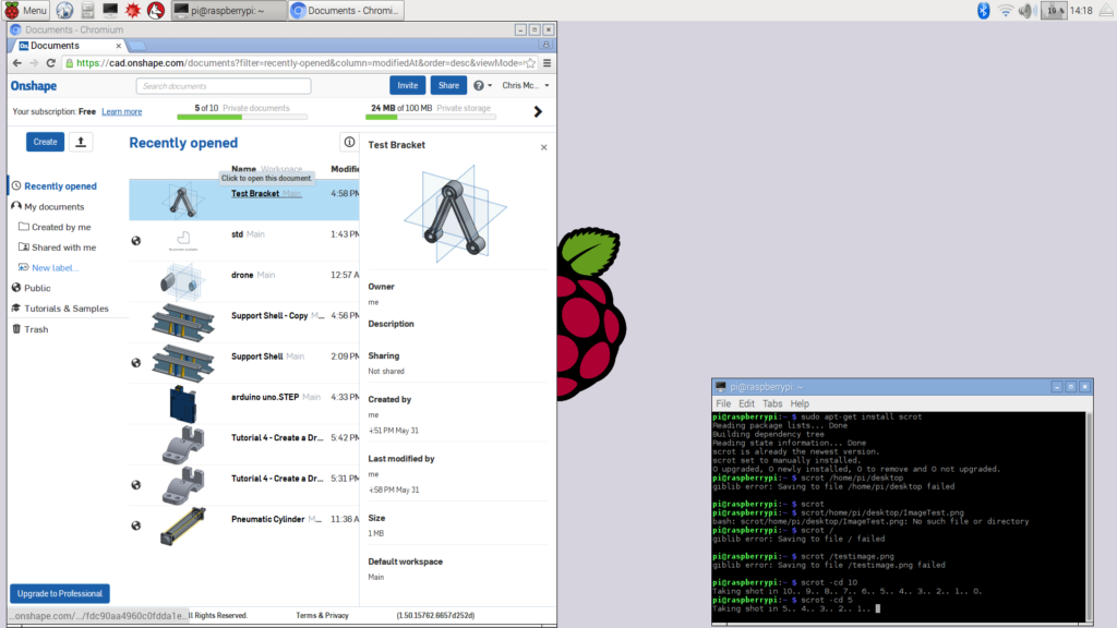 Raspberry Pi hanging with Chrome on Onshape