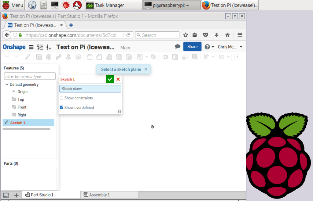 Iceweasel running Onshape on Raspberry Pi