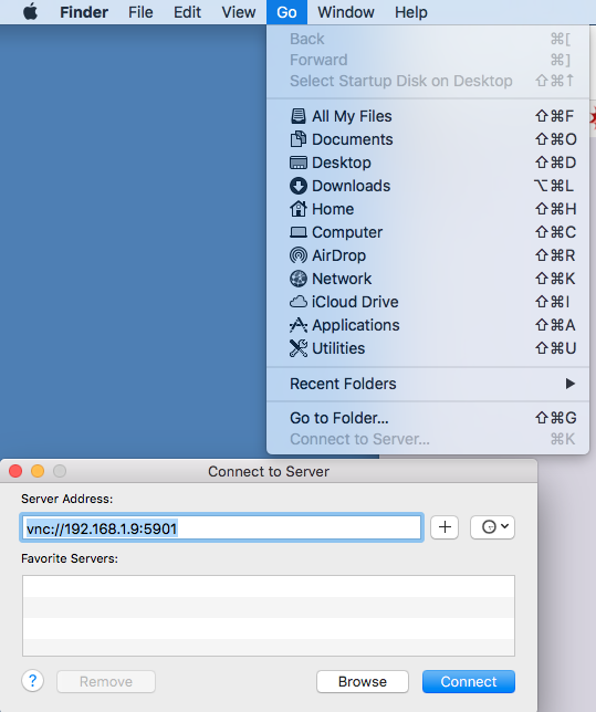 VNC Viewer default on a Mac with 'Go>Connect To Server'