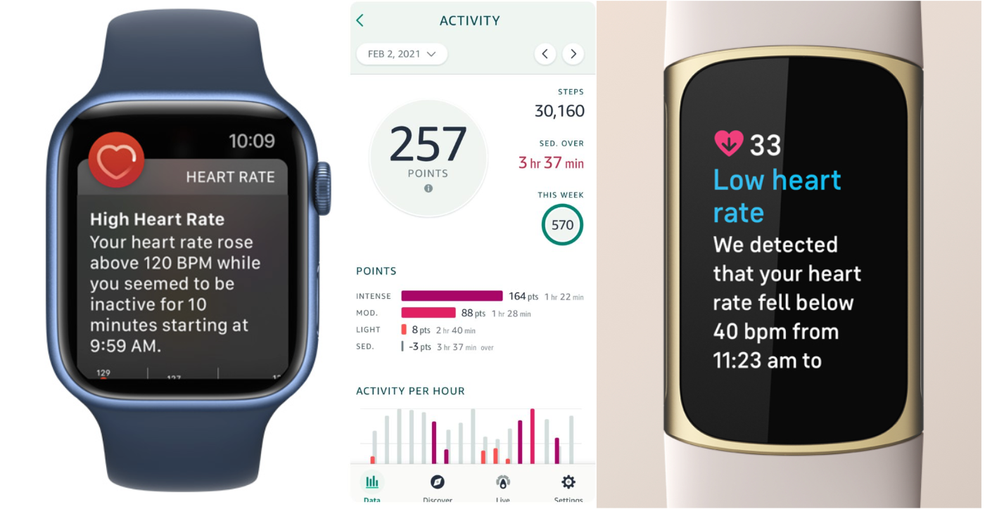 apple watch showing high heart rate, amazon halo step screen, fitbit showing low heart rate